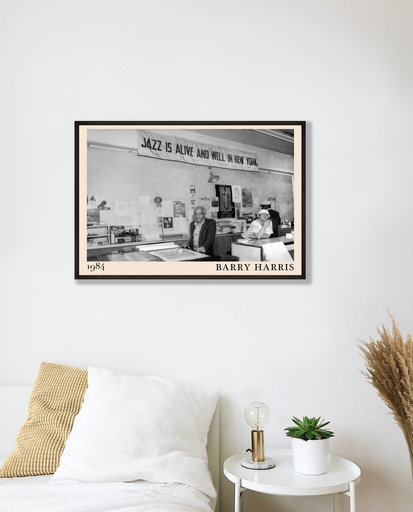 Barry Harris Retro Jazz Poster in a modern bedroom mockup, black and white 1984 jazz scene framed above a cozy bed.