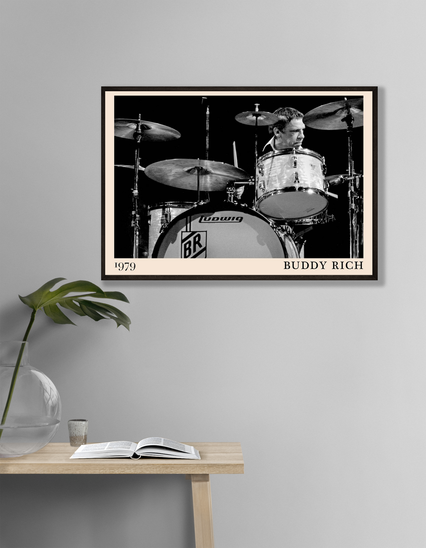 Buddy Rich Drummer Jazz Concert Print in landscape mockup, black and white drummer art framed on modern grey wall.