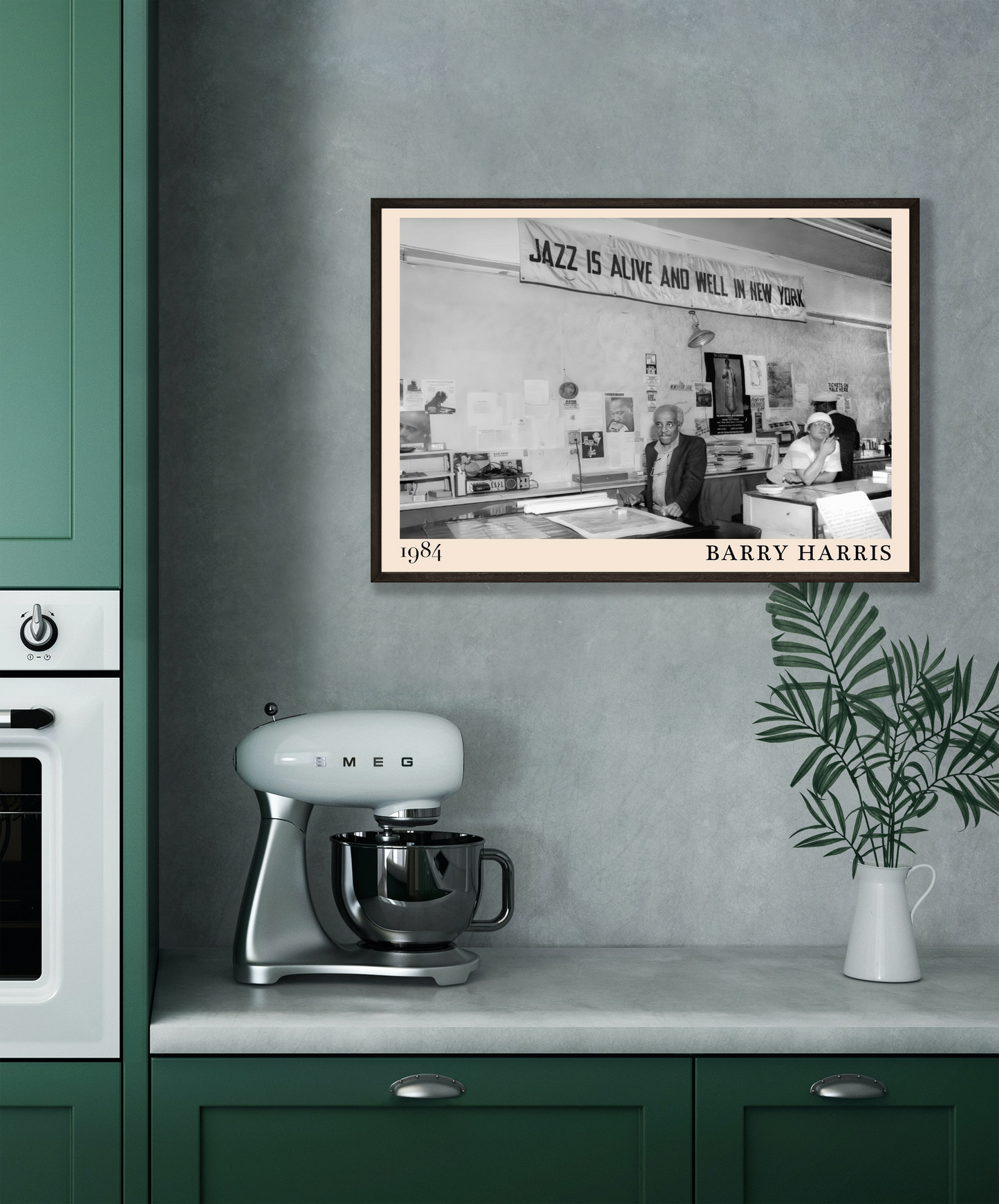 Barry Harris Retro Jazz Poster mockup on a kitchen wall, black and white 1984 jazz scene above green cabinets and mixer.