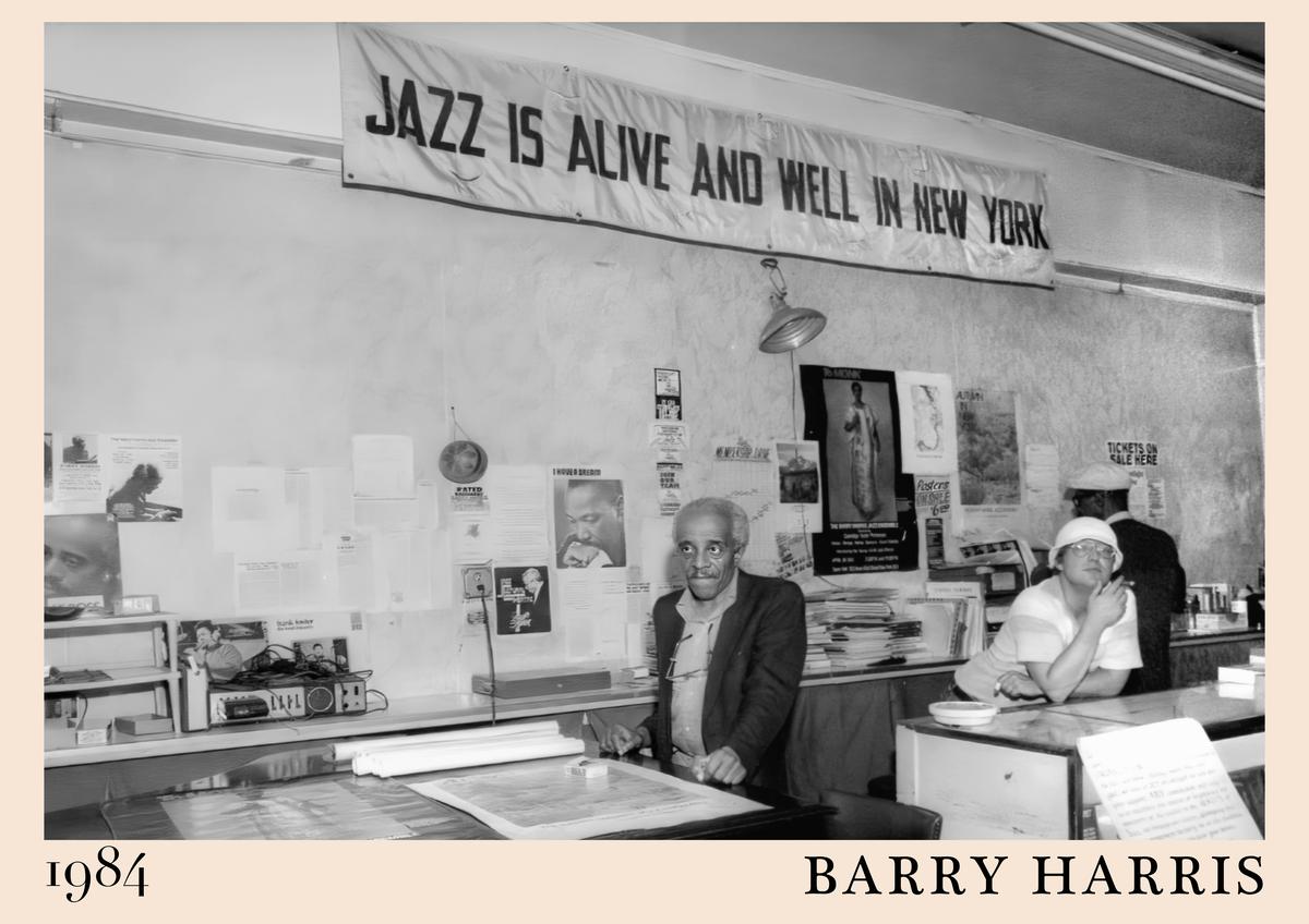 Poster featuring Barry Harris in a 1984 NYC jazz scene, black-and-white with "Jazz is Alive and Well in New York" banner,