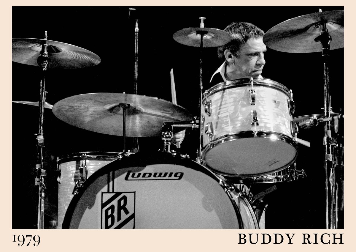 Poster featuring Buddy Rich drumming on a Ludwig set in a black and white 1979 concert scene, bold vintage jazz wall art