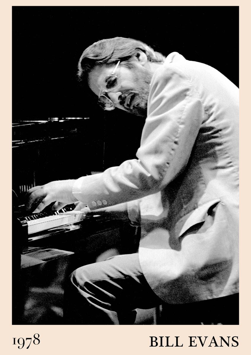 Poster featuring a black and white photo of jazz pianist Bill Evans playing piano in 1978, minimalist beige border, classic