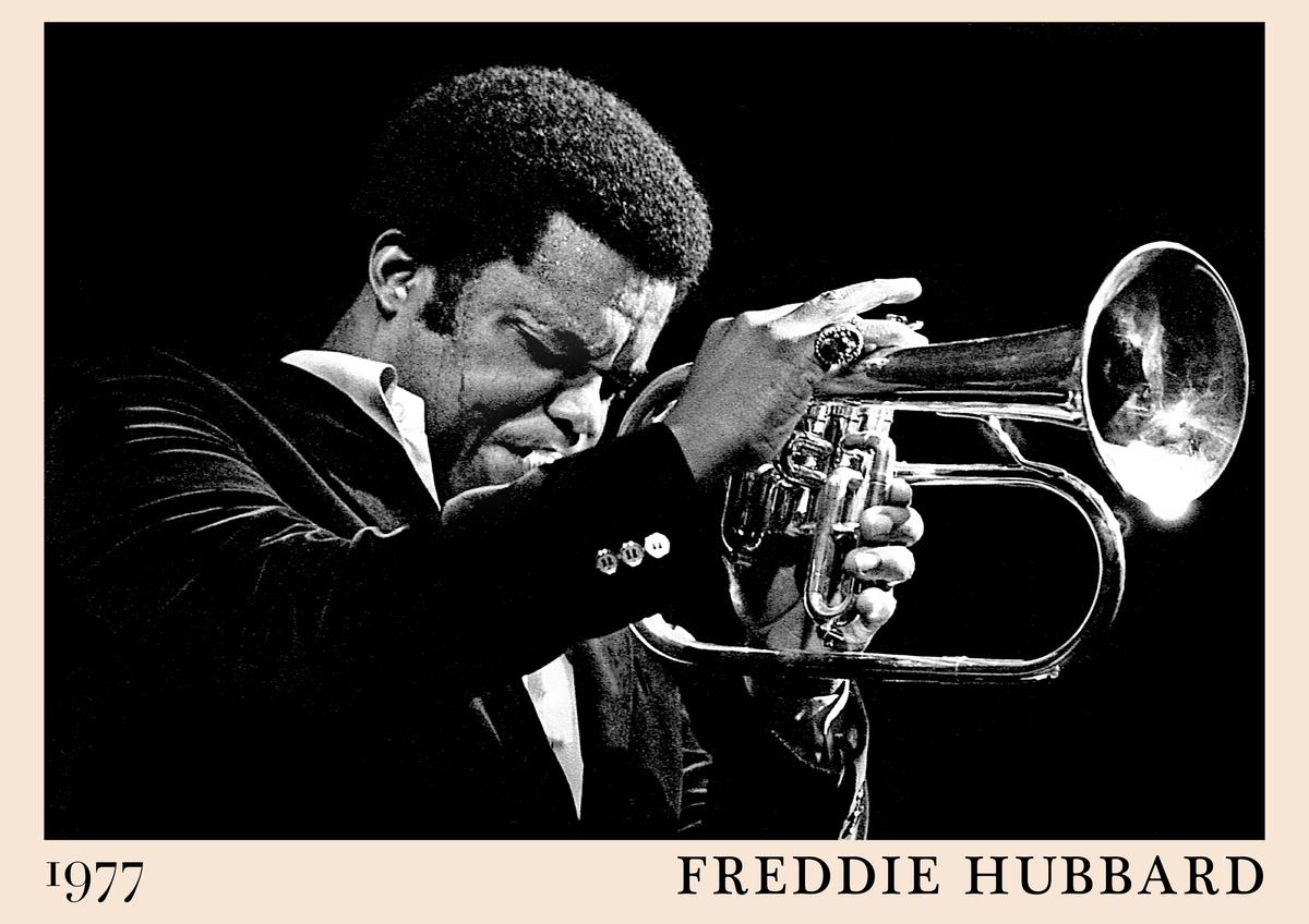 Poster featuring Freddie Hubbard playing trumpet in a dramatic 1977 black and white photo, retro jazz wall art with bold