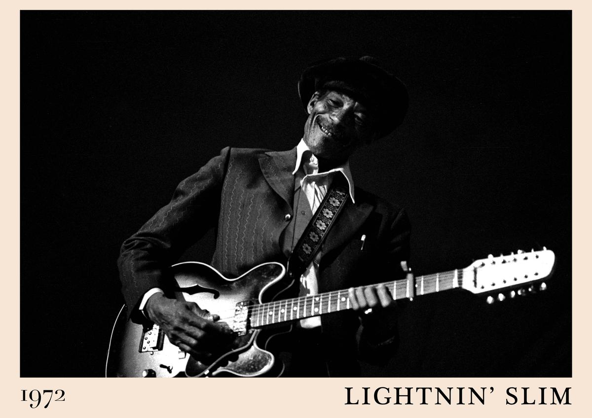 Poster featuring Lightnin' Slim playing electric guitar in a black and white 1972 photo, vintage blues music wall art with