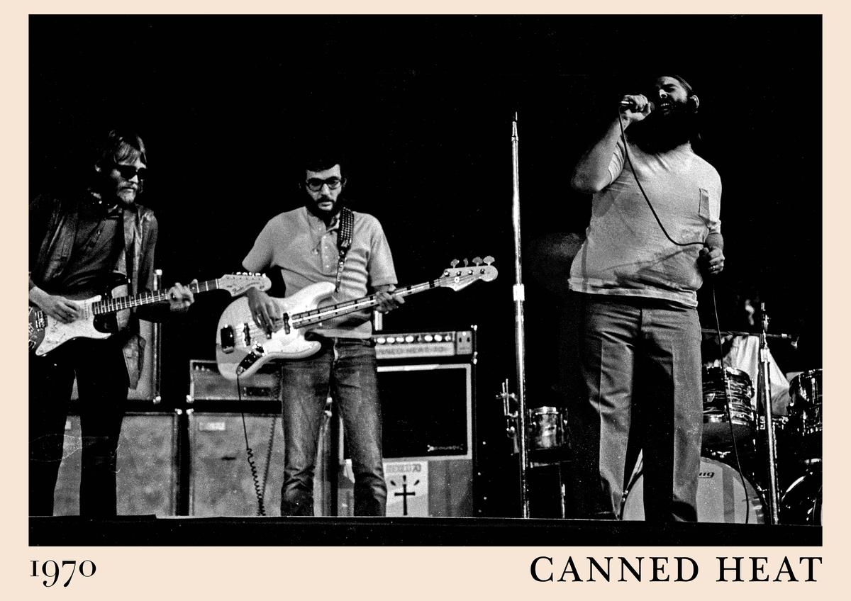 Poster featuring a black and white 1970 Canned Heat live band photo, sepia border, vintage blues rock wall art, perfect for