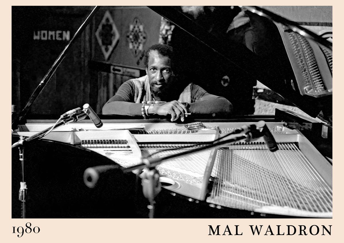 Poster with black and white photo of Mal Waldron at a grand piano, 1980, microphones visible, vintage jazz wall art with