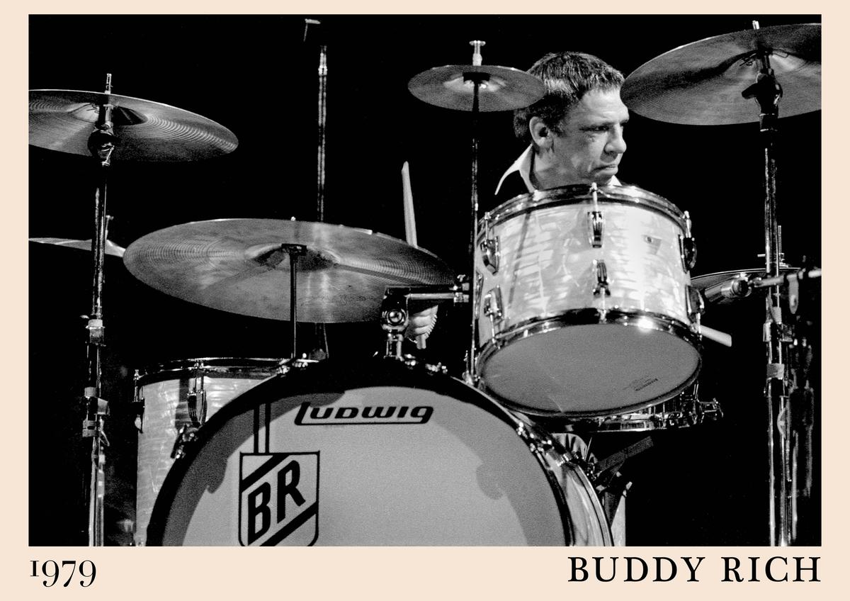 Poster of Buddy Rich playing Ludwig drums in a 1979 jazz concert, black and white photo with retro border, text “Buddy Rich”