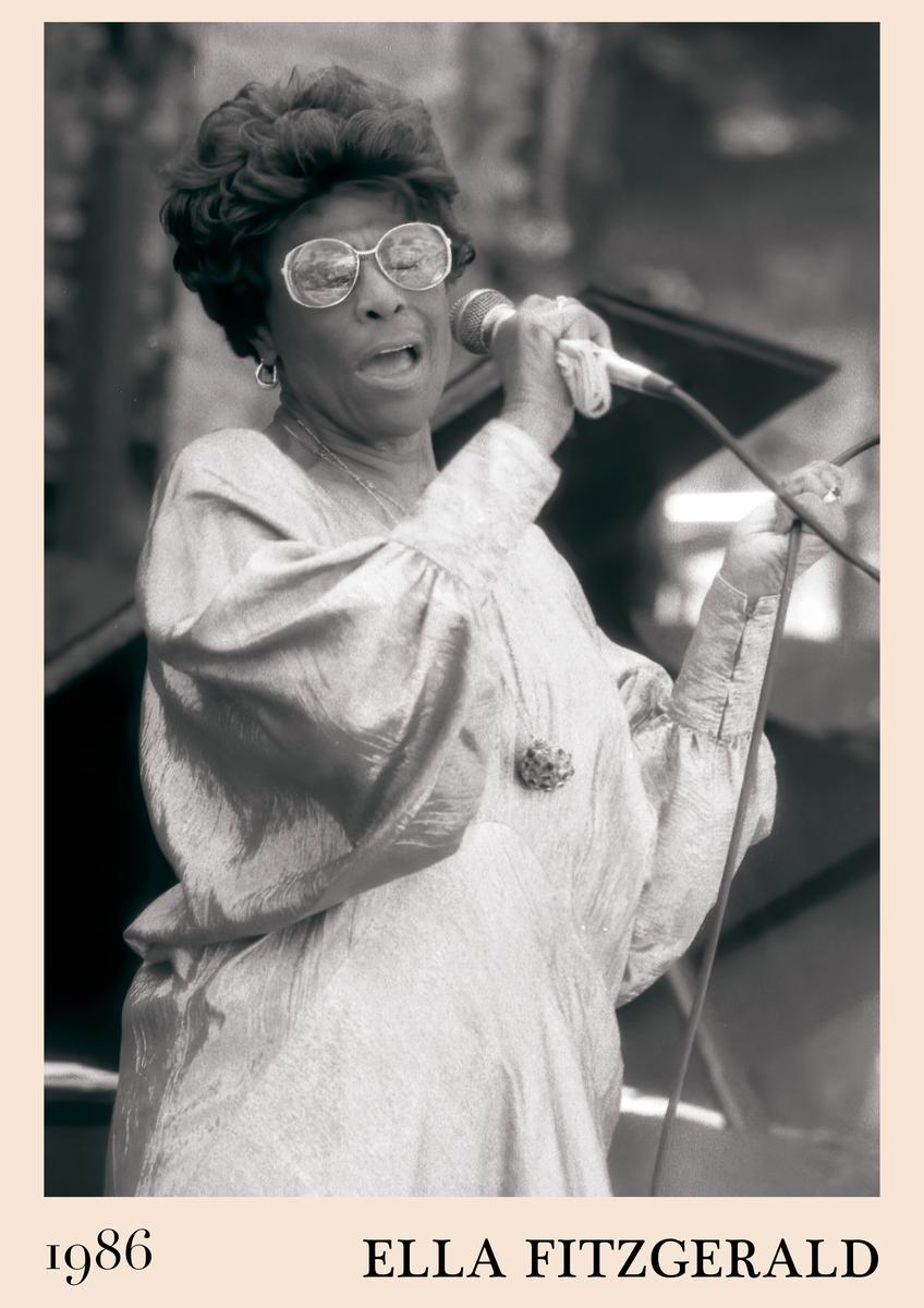 Poster of Ella Fitzgerald singing in 1986, black and white retro jazz design, bold sunglasses, sepia border, perfect music
