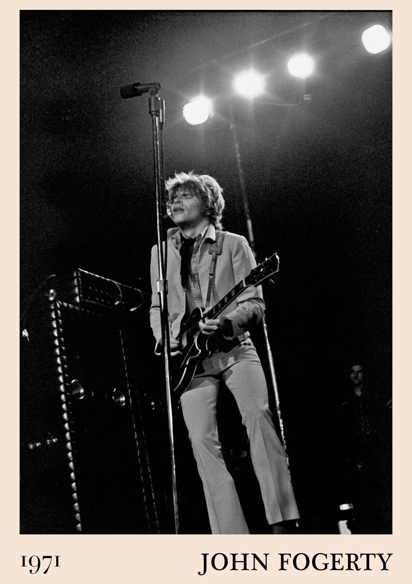 Poster featuring John Fogerty performing live in 1971, black and white photo, guitar, stage lights, retro framed wall art