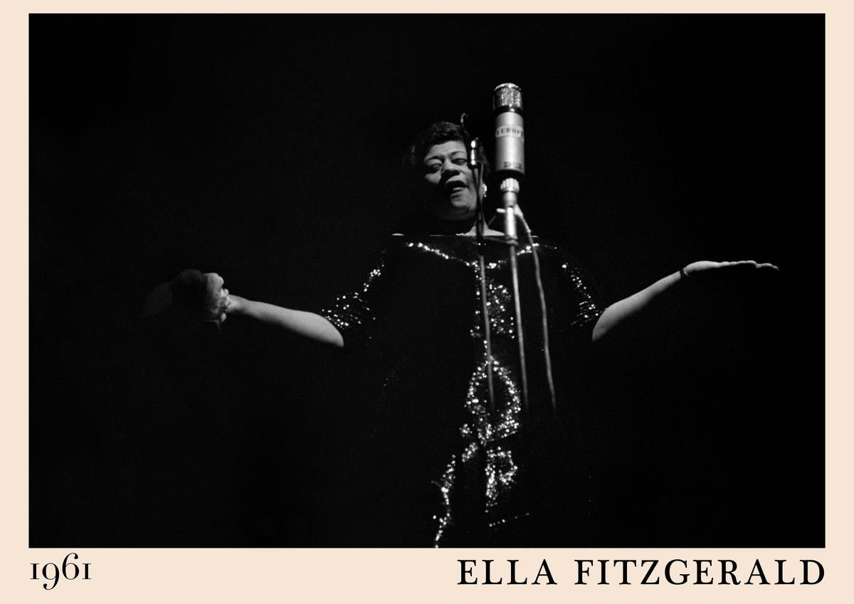 Poster featuring Ella Fitzgerald singing on stage in a sparkling dress, classic microphone, 1961 date, black and white retro