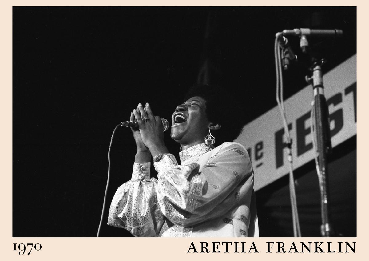 Poster featuring Aretha Franklin singing on stage in 1970, black and white jazz performance with retro cream border and bold