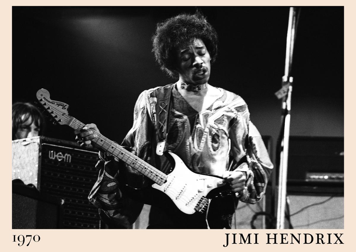 Poster featuring black-and-white photo of Jimi Hendrix playing guitar on stage, 1970, with artistic retro border and bold