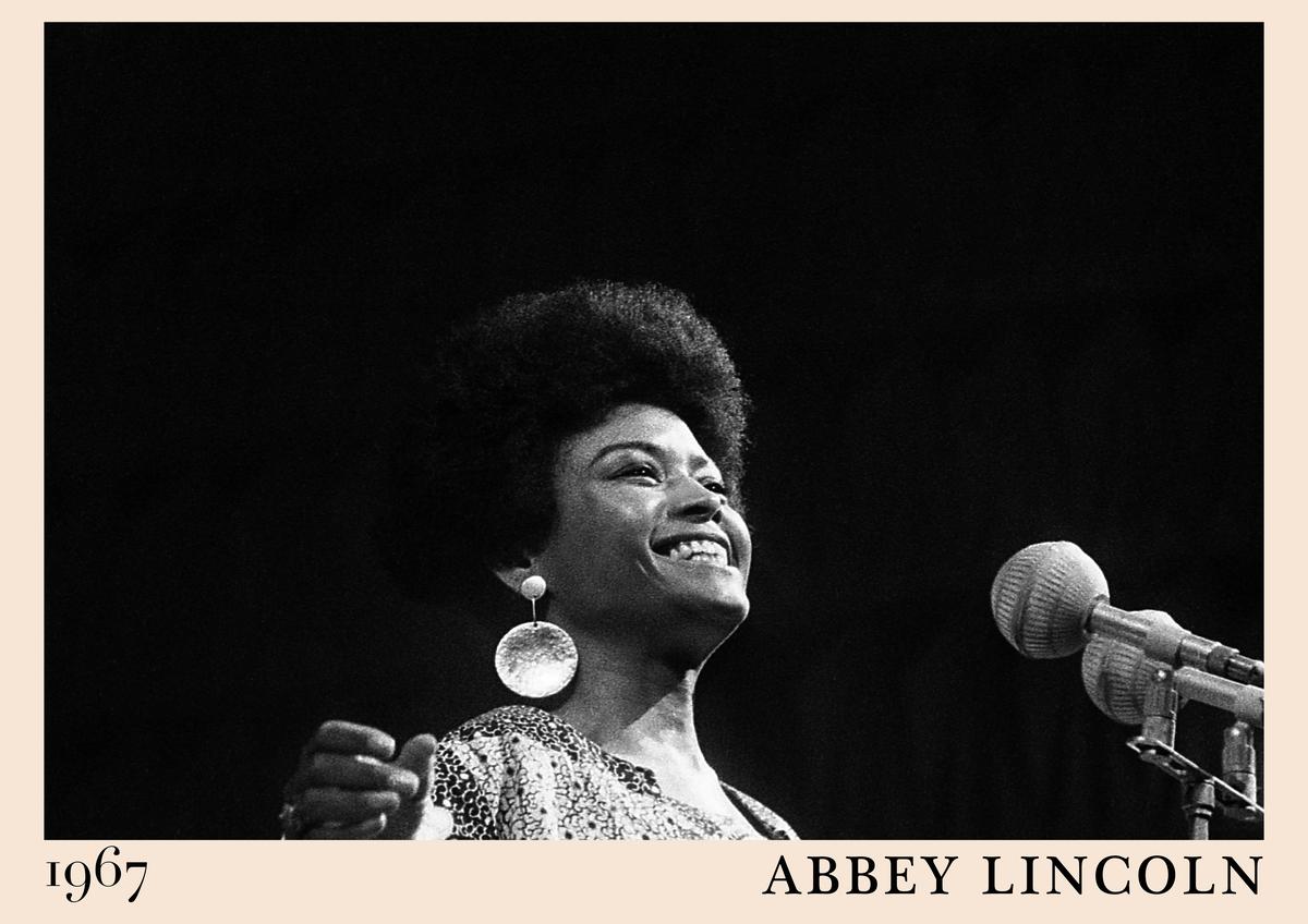 Poster featuring Abbey Lincoln singing on stage, black and white photo, bold earrings, 1967 date, retro jazz wall art with
