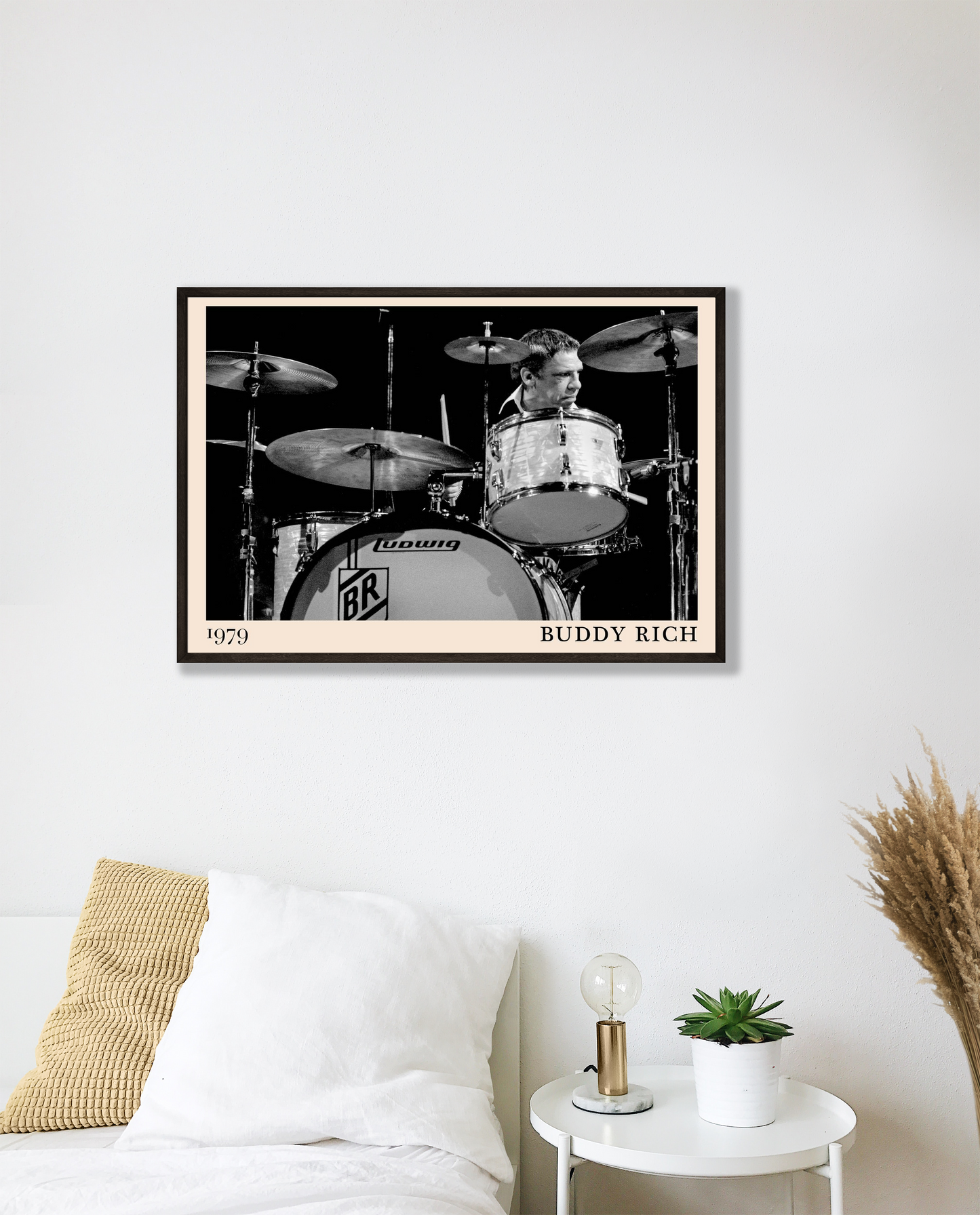 Buddy Rich Drummer Jazz Concert Print in landscape mockup above a modern bed, featuring black and white 1979 drum design.