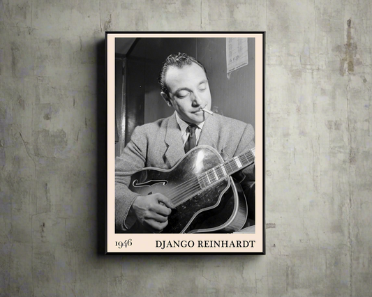 1946 photo of legendary gypsy jazz artist Django Reinhardt crafted into a black framed print hanging on a rustic concret wall