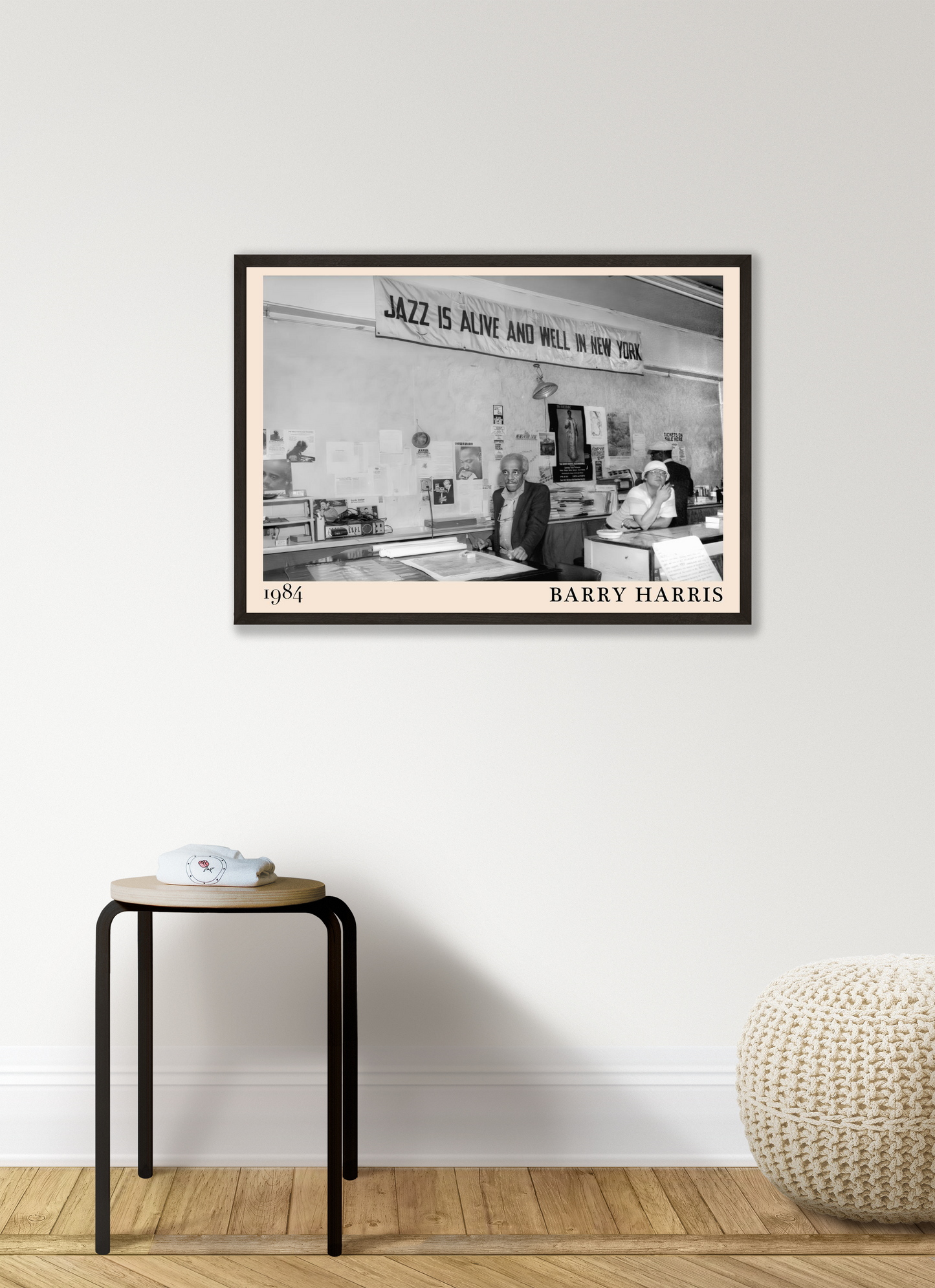 Barry Harris Retro Jazz Poster in modern living room mockup, black and white 1984 jazz scene framed on light wall.