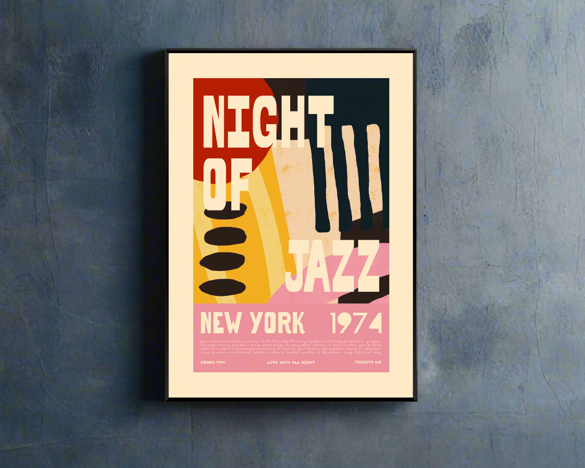 Framed poster with 'Night of Jazz New York 1974' design on a textured blue wall.
