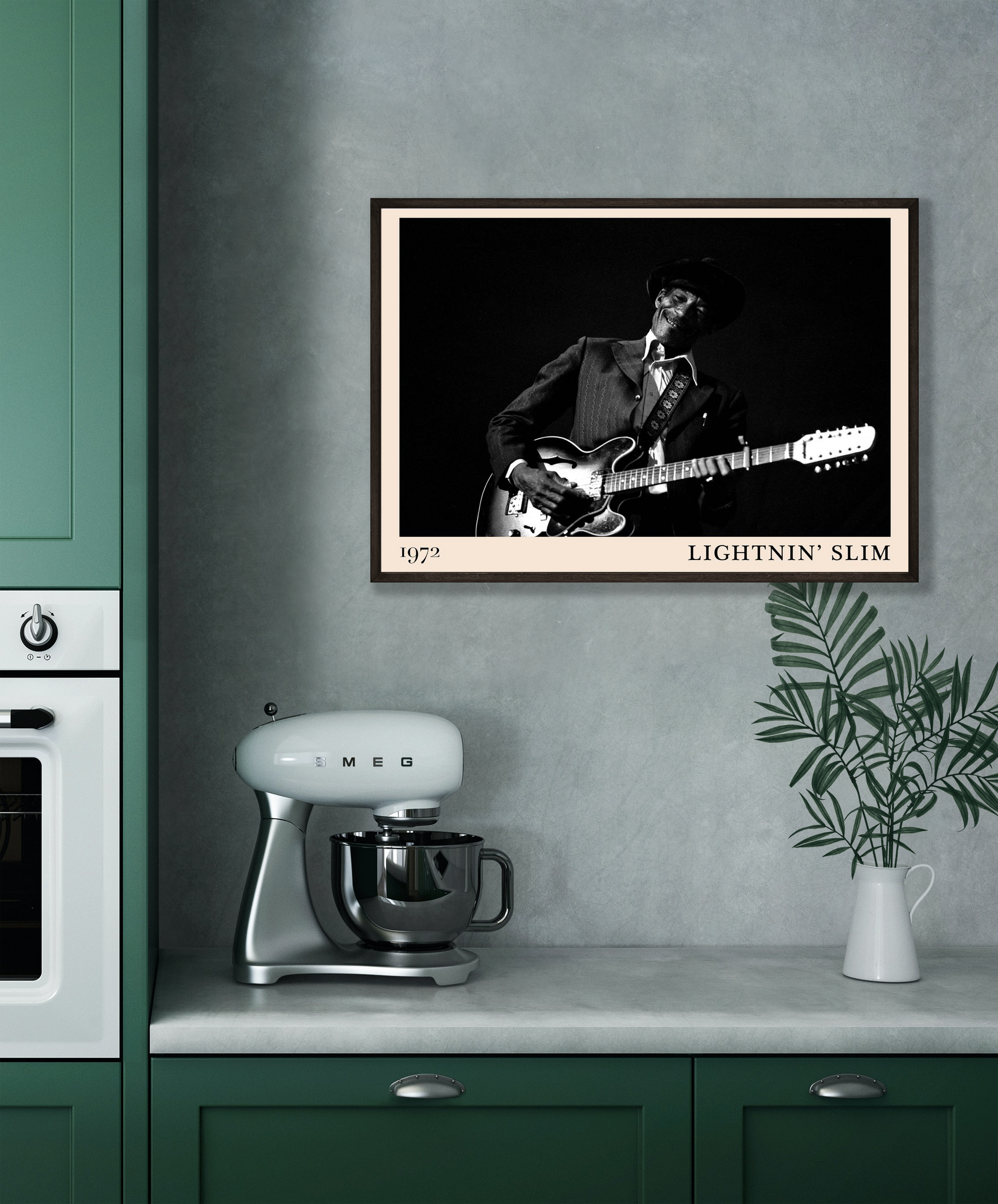 Lightnin Slim Blues Poster in landscape mockup, black and white musician design above modern kitchen counter and mixer.