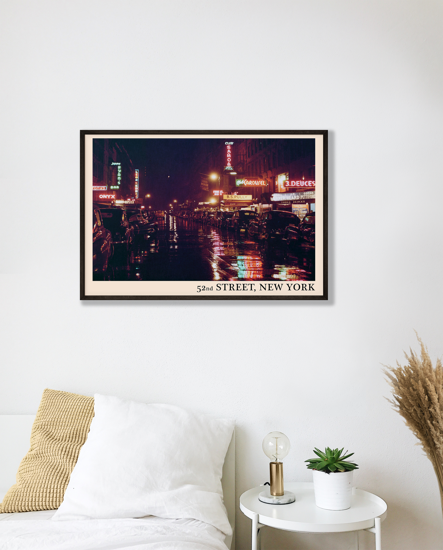 Iconic 52nd Street in New York captured in a retro black framed jazz venue print, hanging on a grey living room wall