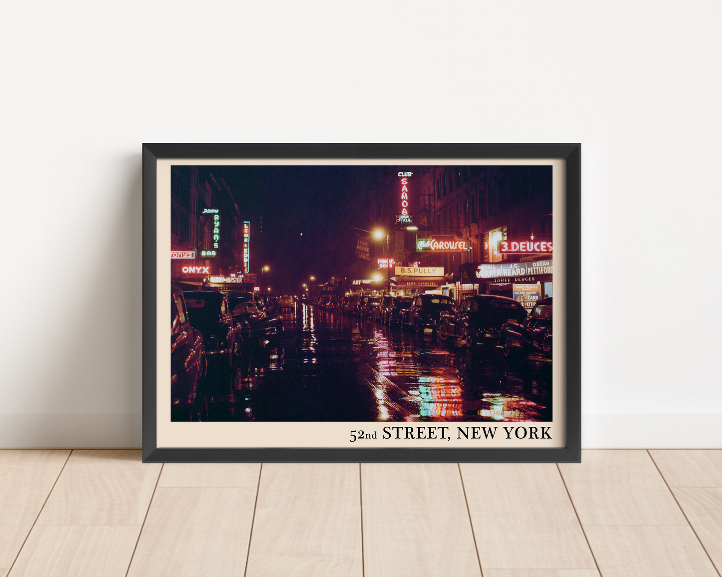 Iconic 52nd Street in New York captured in a retro black framed jazz print