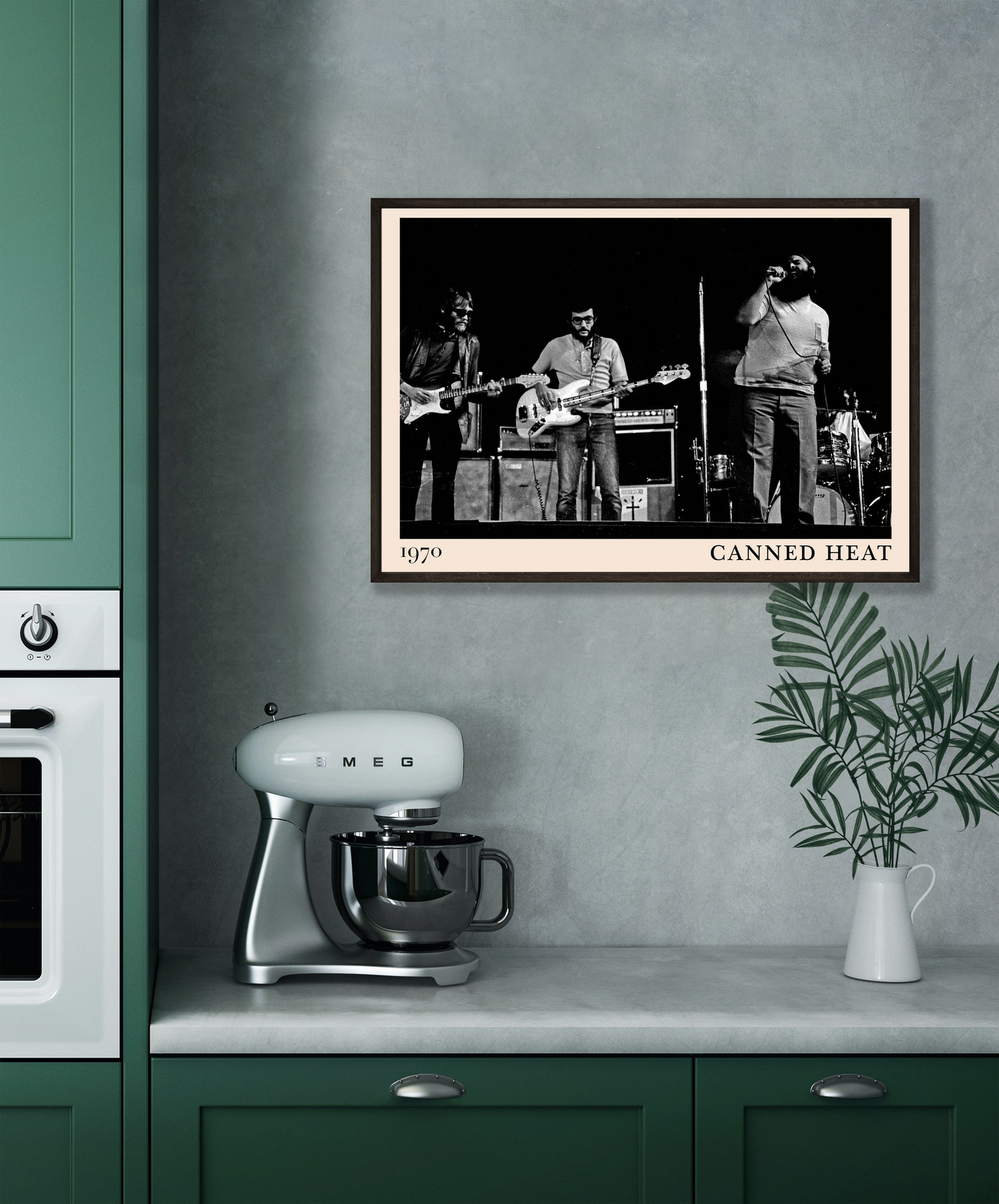 Canned Heat Poster in landscape mockup above modern kitchen counter, black and white 1970 band photo with vintage border.