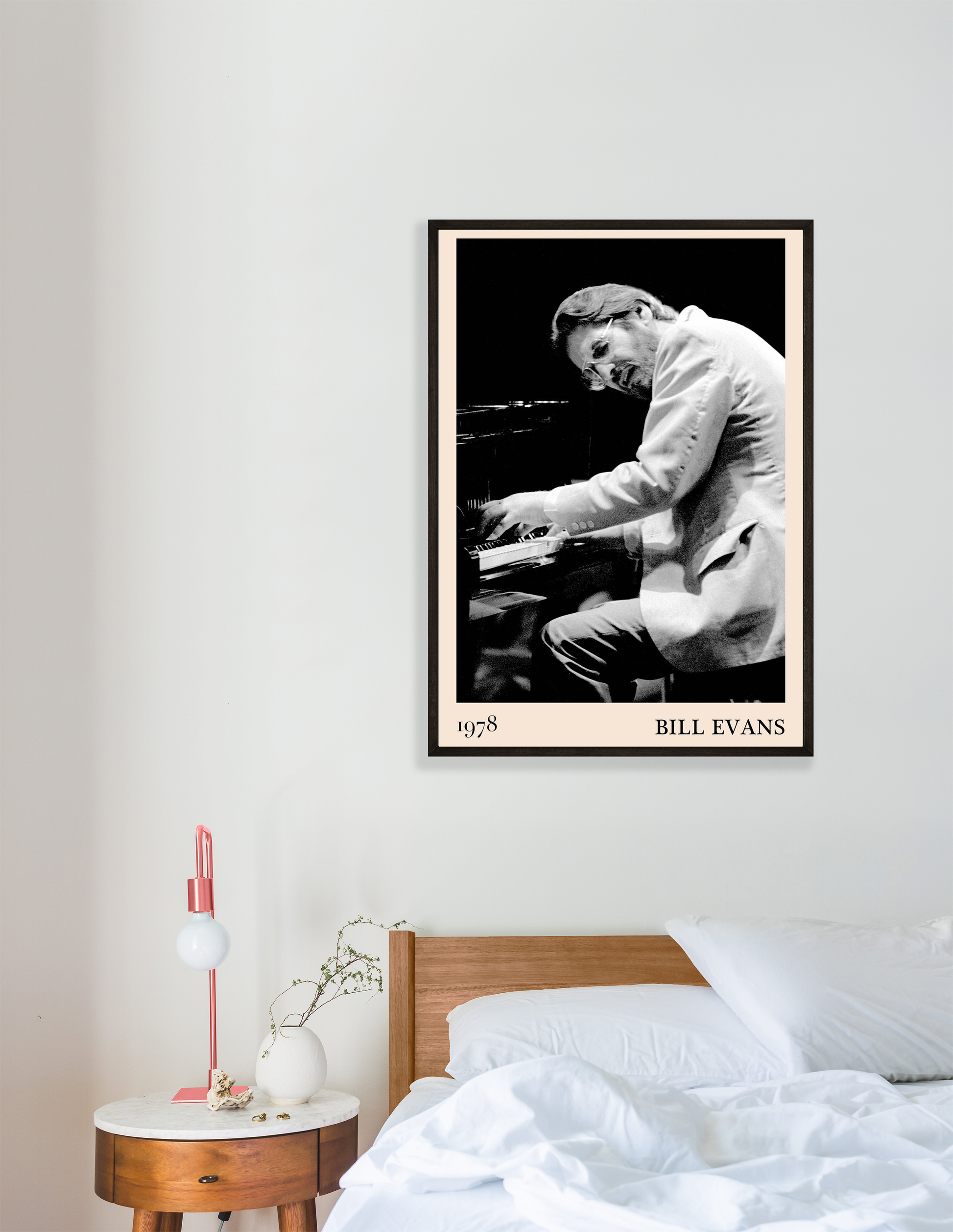 Bill Evans Jazz Concert Print in portrait mockup, black and white piano design above modern wood bed and bedside table decor.