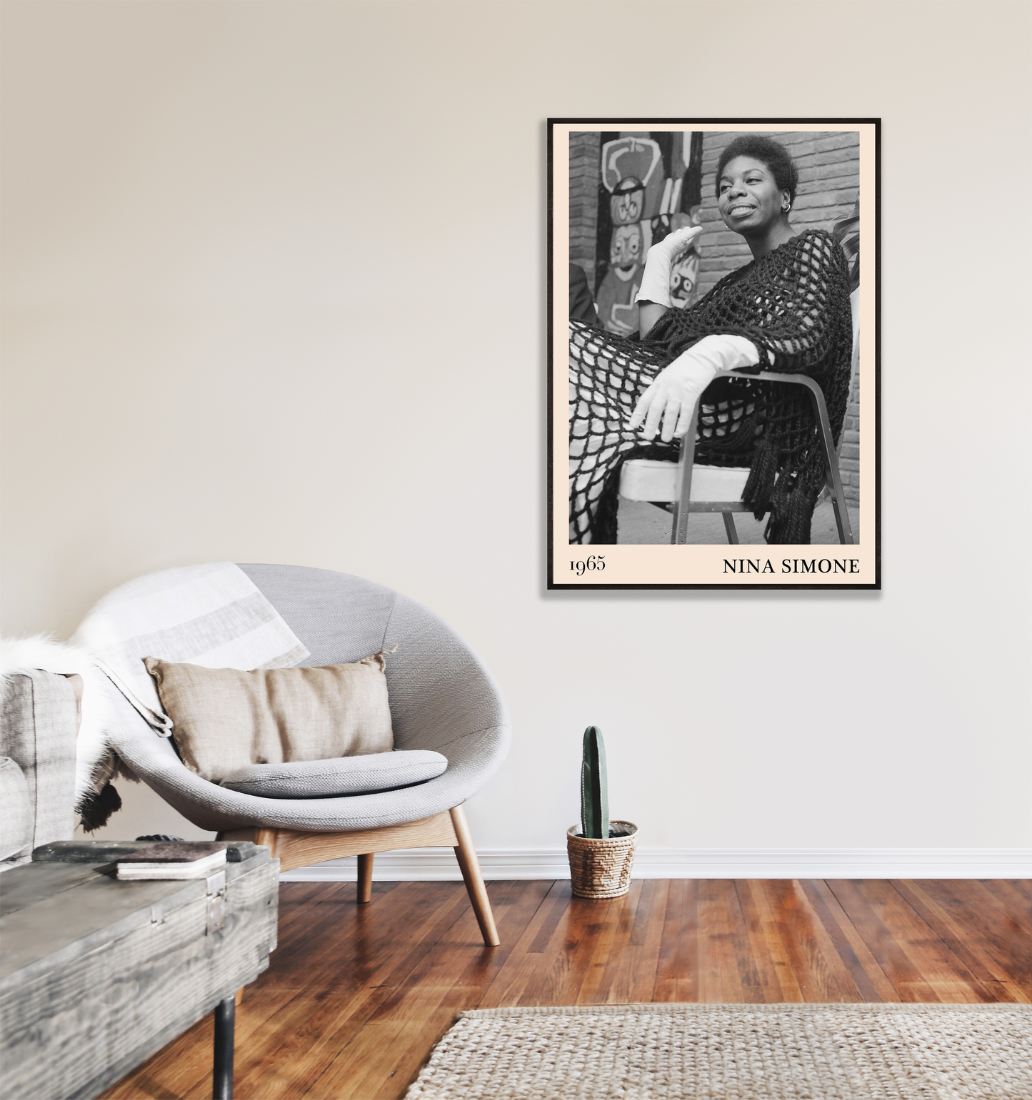 Nina Simone Jazz Print wall art mockup in modern living room, black and white portrait poster above cozy chair and cactus.