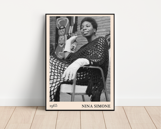 Nina Simone Jazz Print mockup leaning on white wall, black and white portrait design with 1965 date and bold text border
