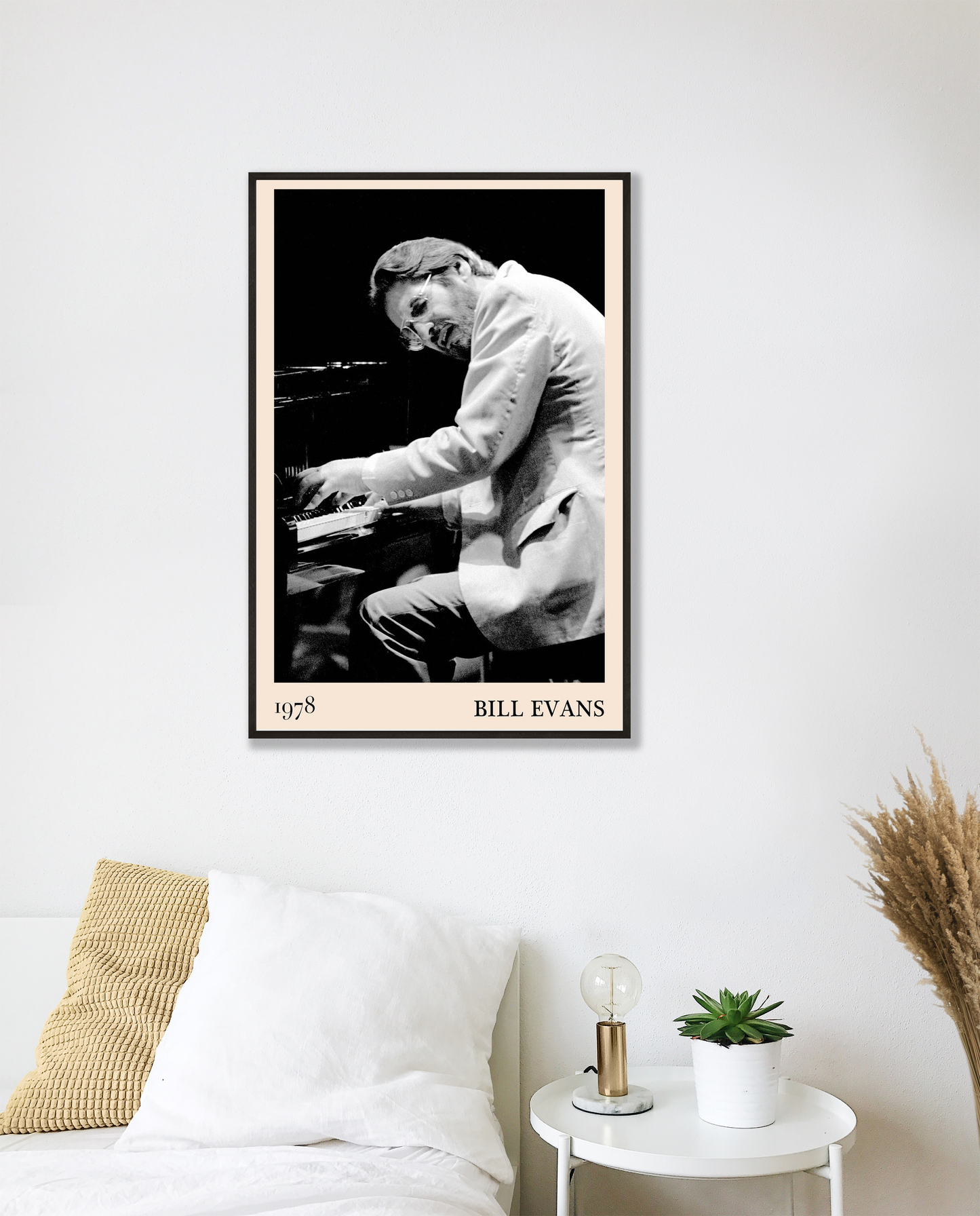 Bill Evans Jazz Concert Print in a portrait mockup above a modern white bed, featuring a black and white pianist design, 1978