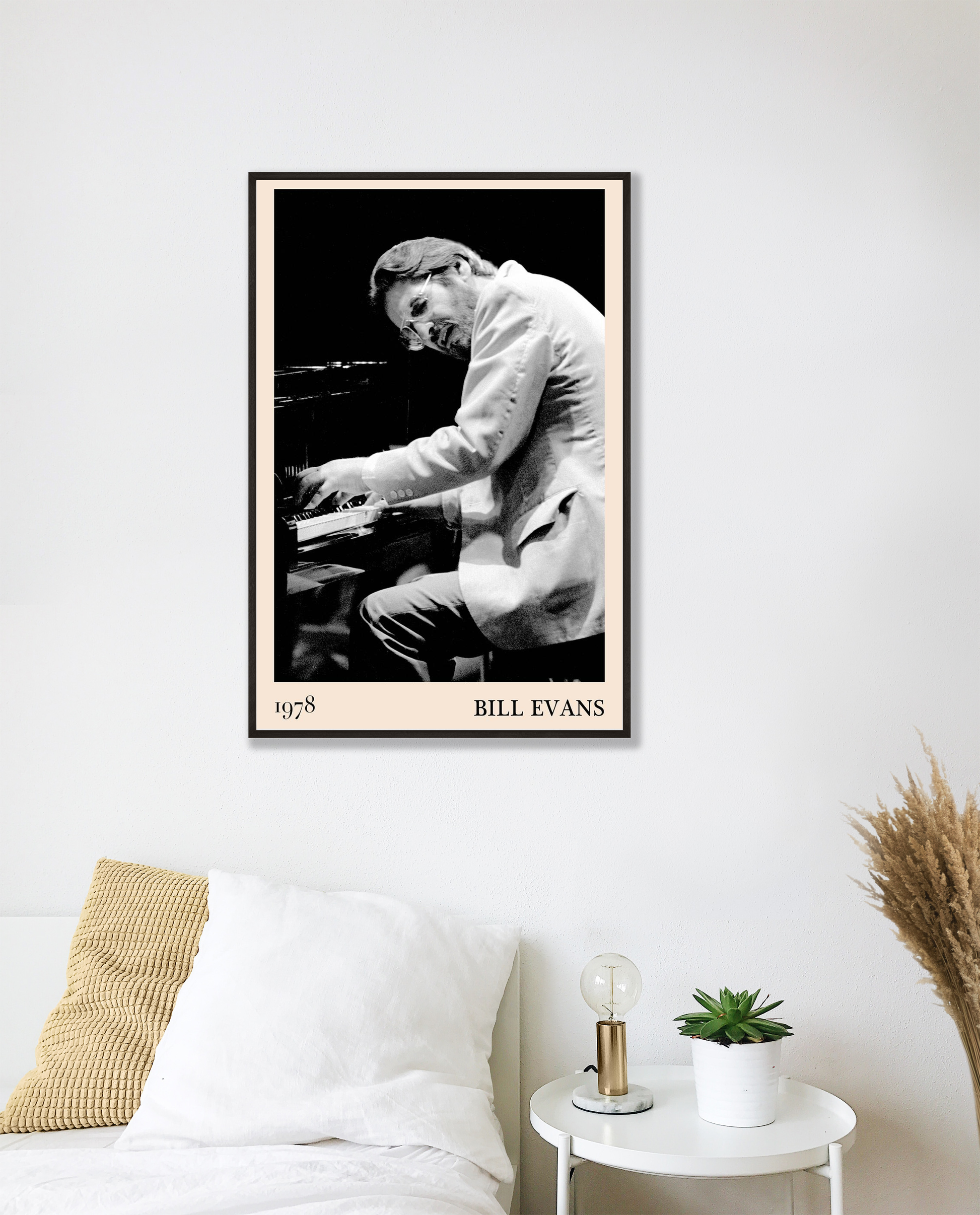 Bill Evans Jazz Concert Print in a portrait mockup above a modern white bed, featuring a black and white pianist design, 1978