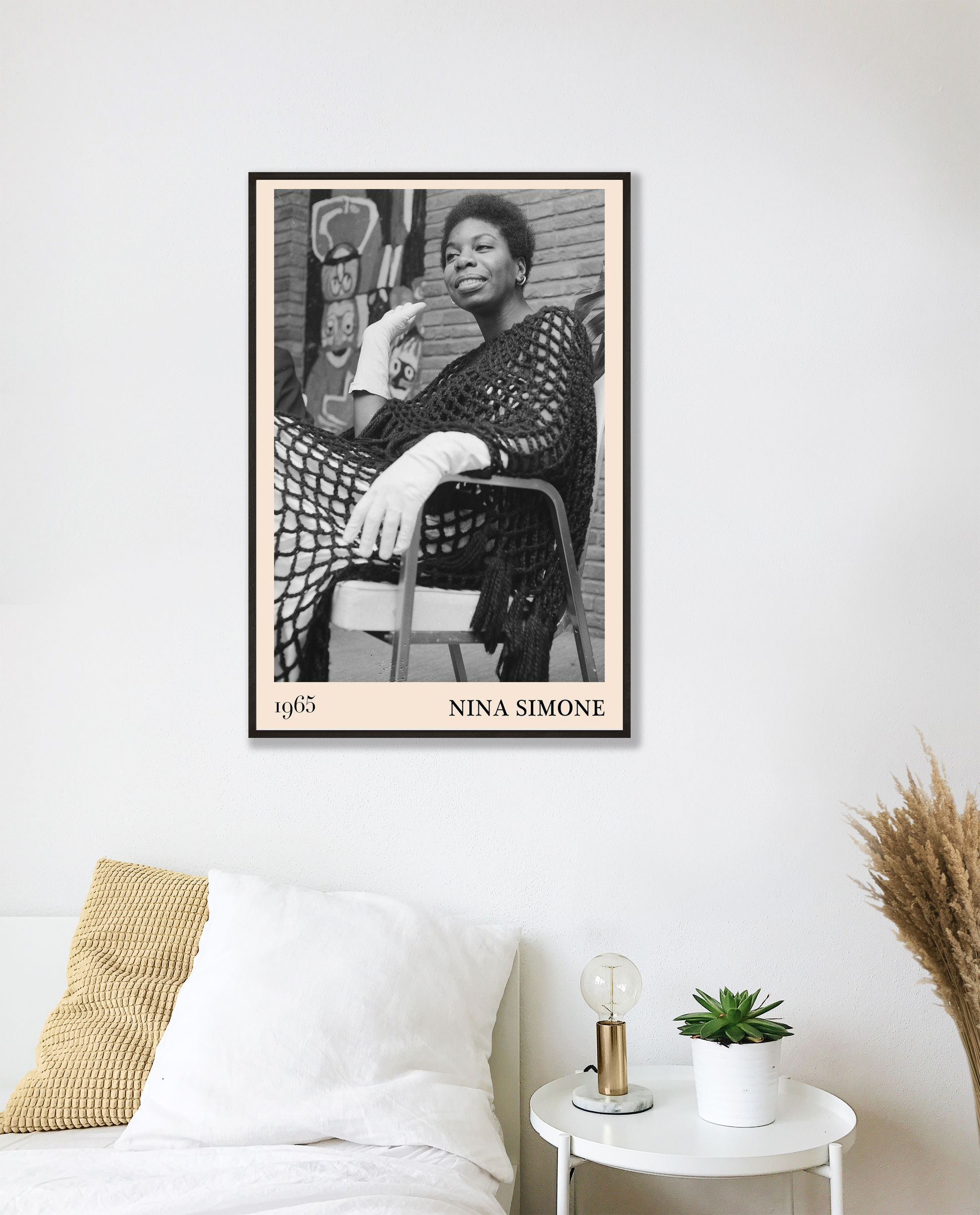 Nina Simone Jazz Print in portrait mockup above white bed, featuring vintage black and white design with 1965 text.