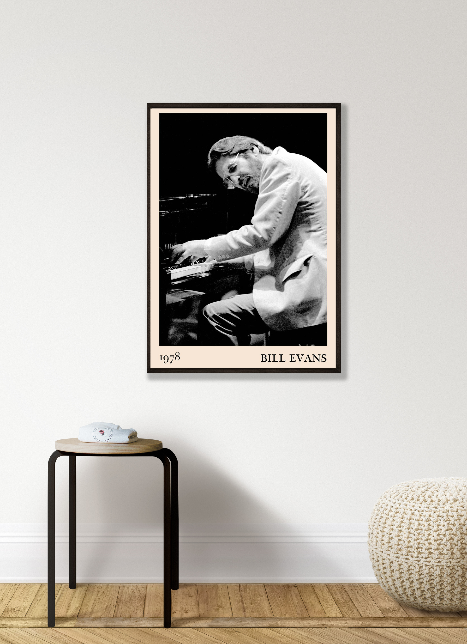 Bill Evans Jazz Concert Print in portrait mockup, black and white 1978 piano design framed on modern living room wall.