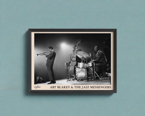 1960 photograph of Art Blakey & The Jazz Messengers handcrafted into a framed poster.