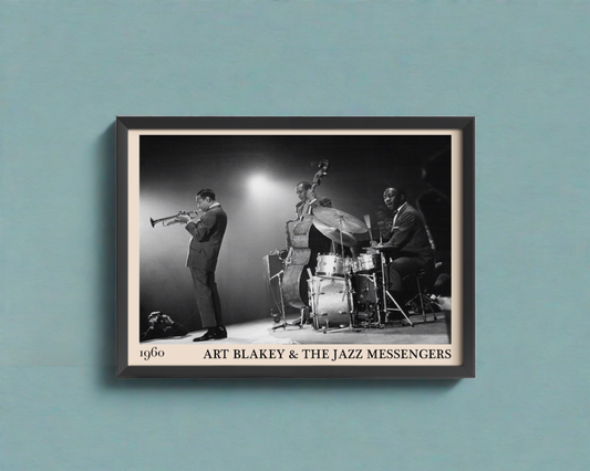1960 photograph of Art Blakey & The Jazz Messengers handcrafted into a framed poster.