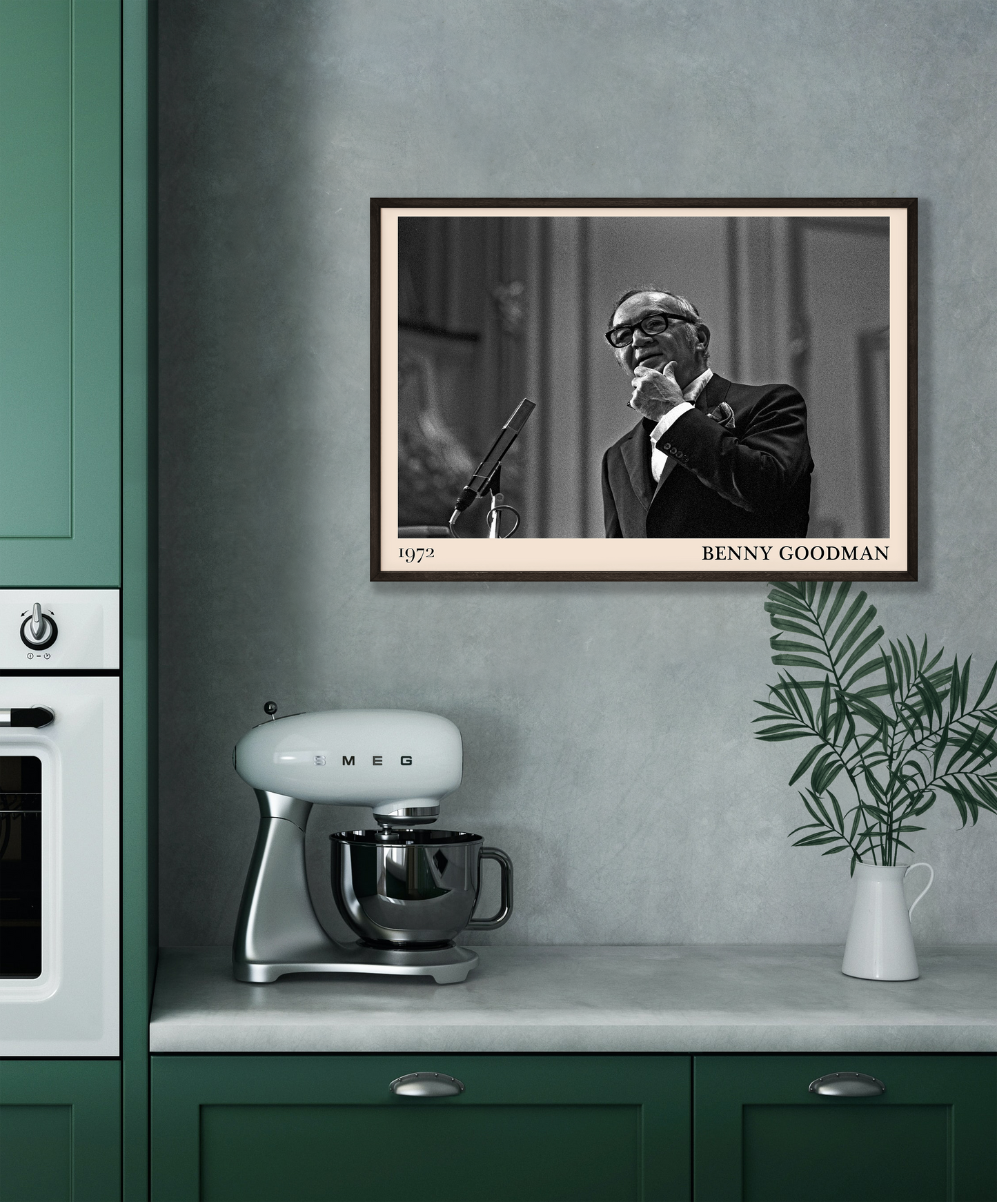 1972 photo of the Benny Goodman crafted into a black framed-poster, hanging on a grey kitchen wall