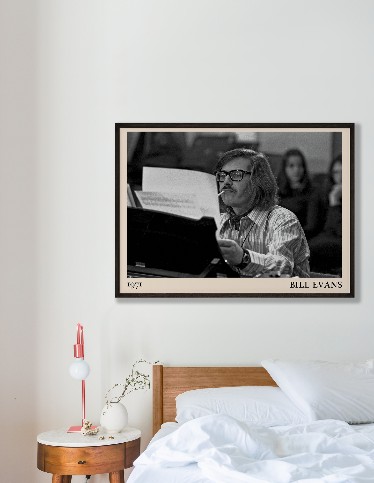Retro-style art print of jazz legend Bill Evans smoking, based on a Heinrich Klaffs photograph