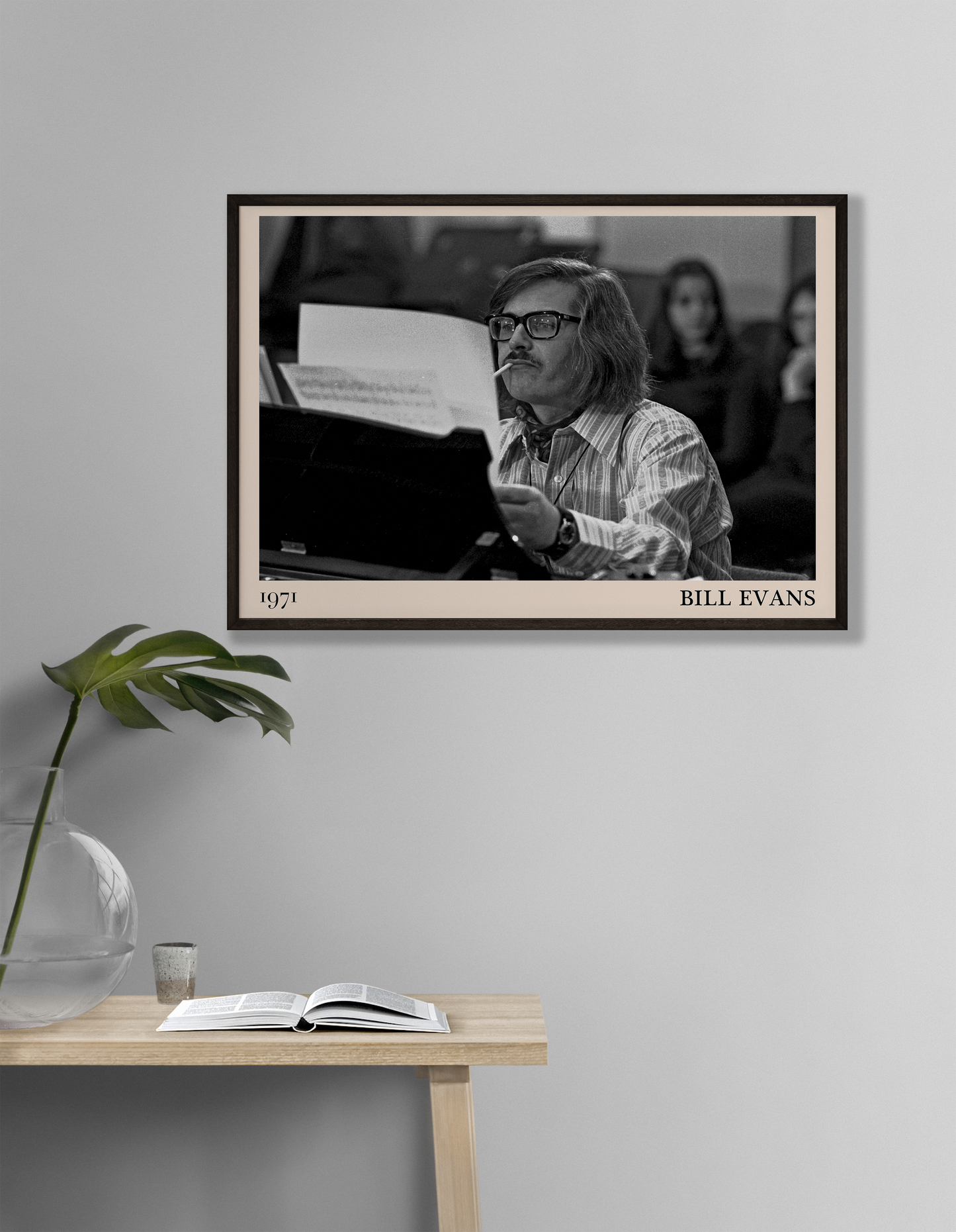 Retro-style art print of jazz legend Bill Evans smoking, based on a Heinrich Klaffs photograph