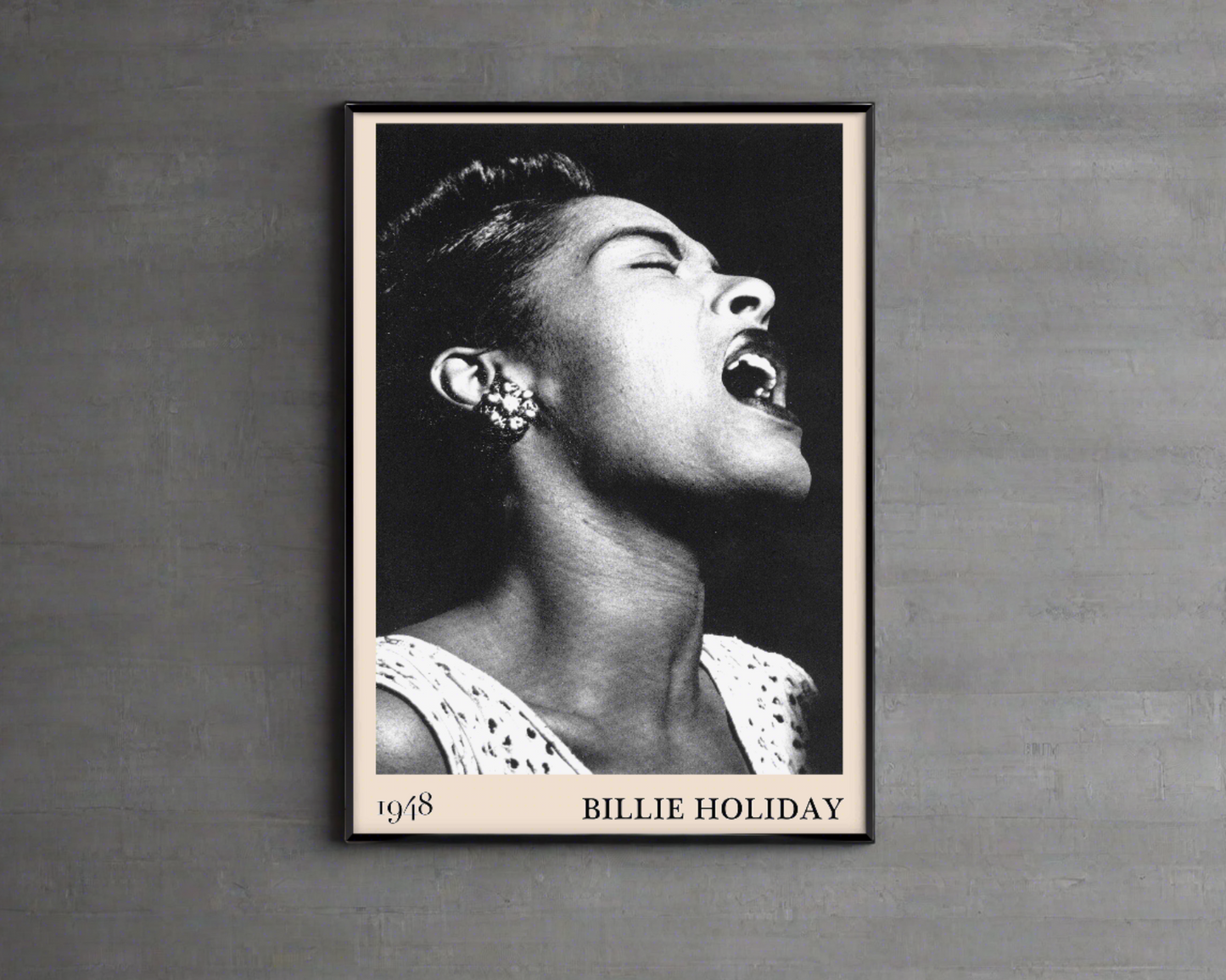 1948 photo of Billie Holiday crafted into an elegant black-framed print, hanging on a grey wall