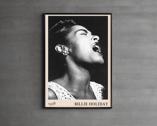1948 photo of Billie Holiday crafted into an elegant black-framed print, hanging on a grey wall
