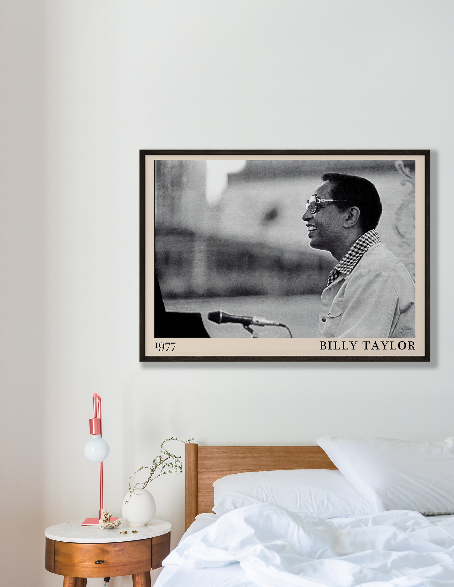1977 photograph of Billy Taylor taken by Thomas Marcello. Picture crafted into a cool black framed jazz print, with an off-white border. Poster is hanging on a white bedroom wall