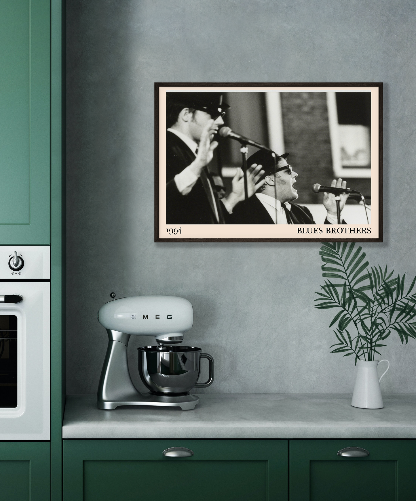 The Blues Brothers blues print hanging on a grey kitchen wall