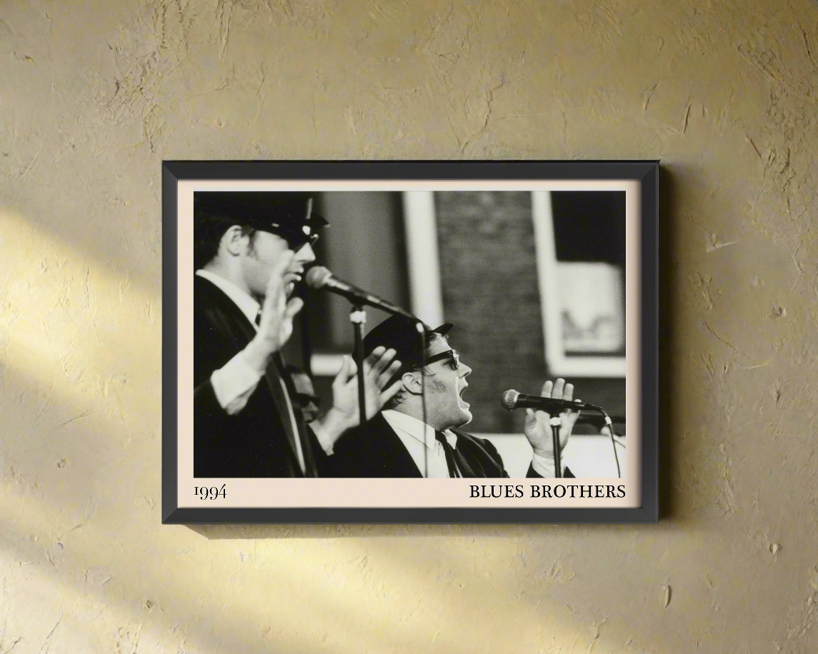 1994 photograph of The Blues Brothers, crafted into an elegant print, hanging on a light yellow wall