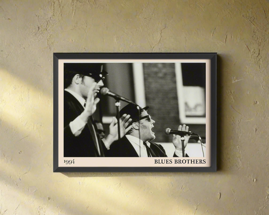 1994 photograph of The Blues Brothers, crafted into an elegant print, hanging on a light yellow wall