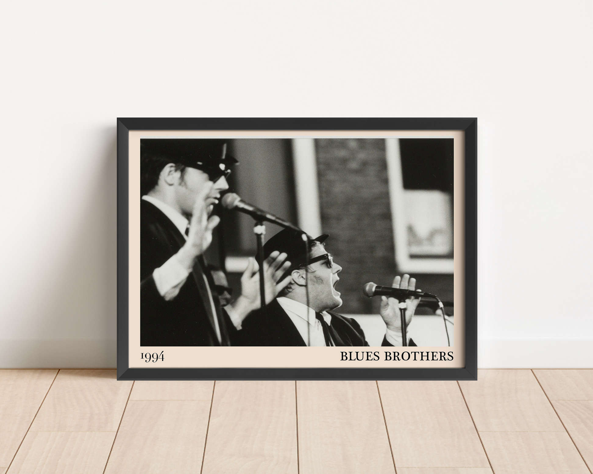 The Blues Brothers blues print leaning against a white wall