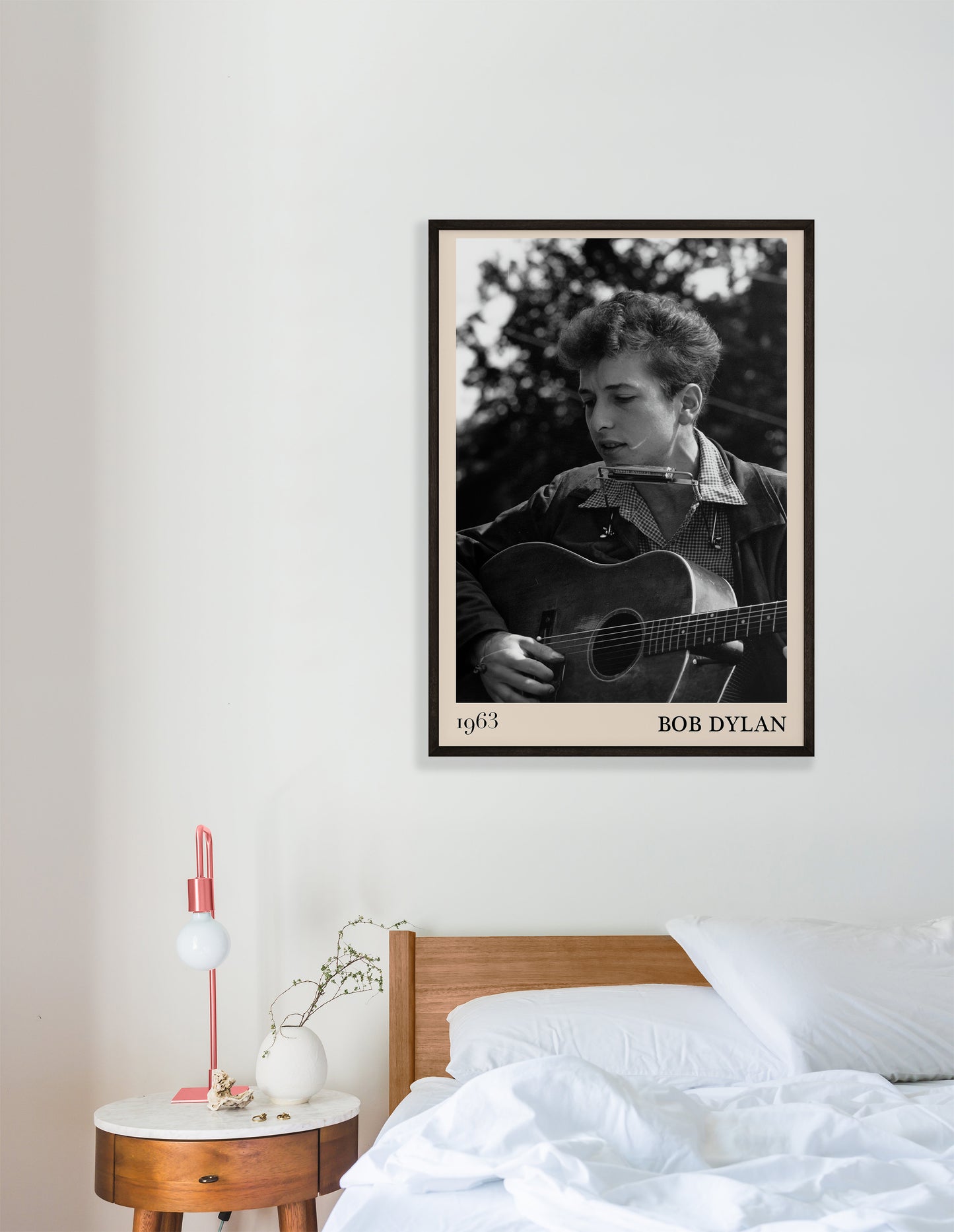 1963 photograph of Bob Dylan playing blues guitar.Crafted into cool framed blues poster.