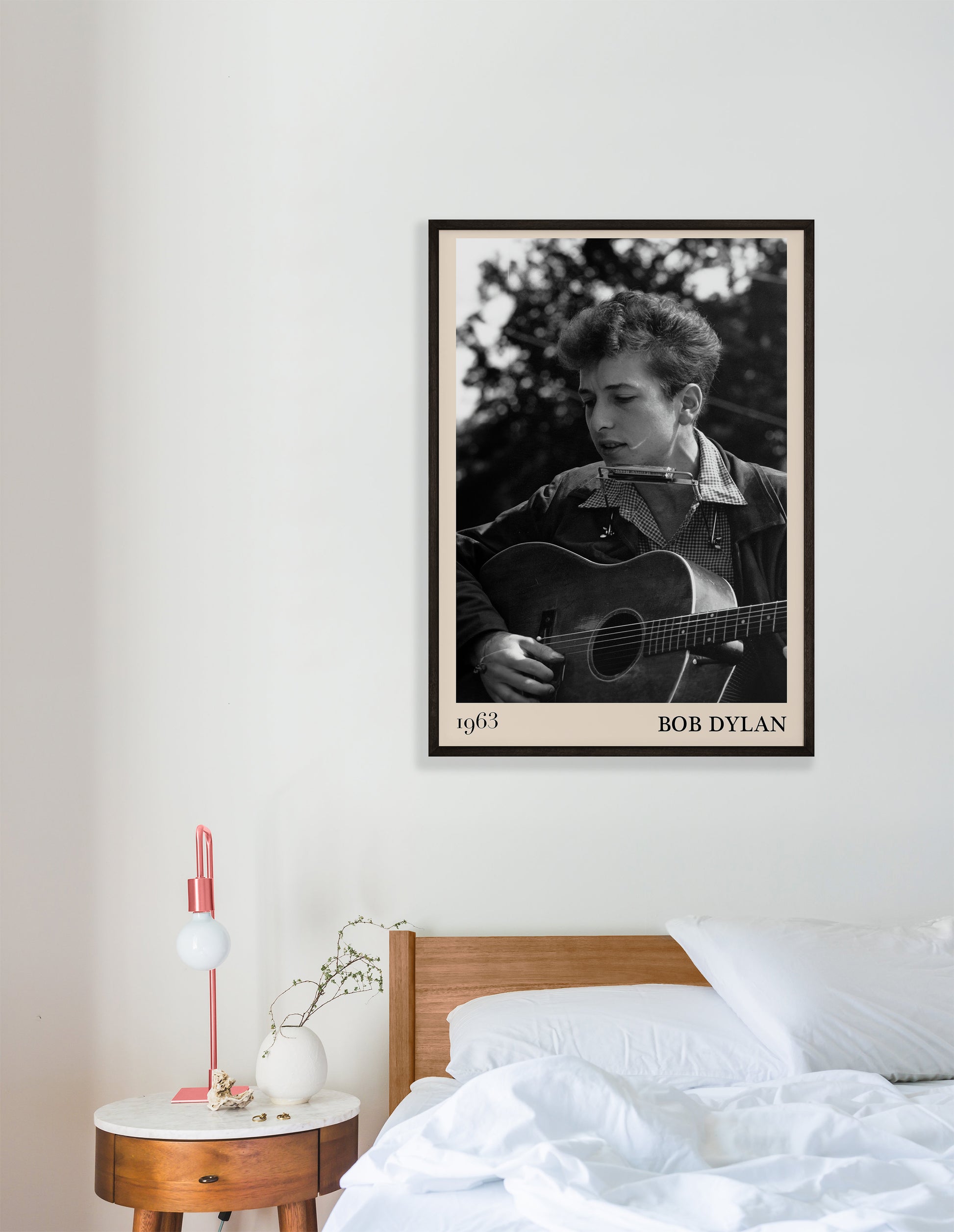 1963 photograph of Bob Dylan playing blues guitar.Crafted into cool framed blues poster.