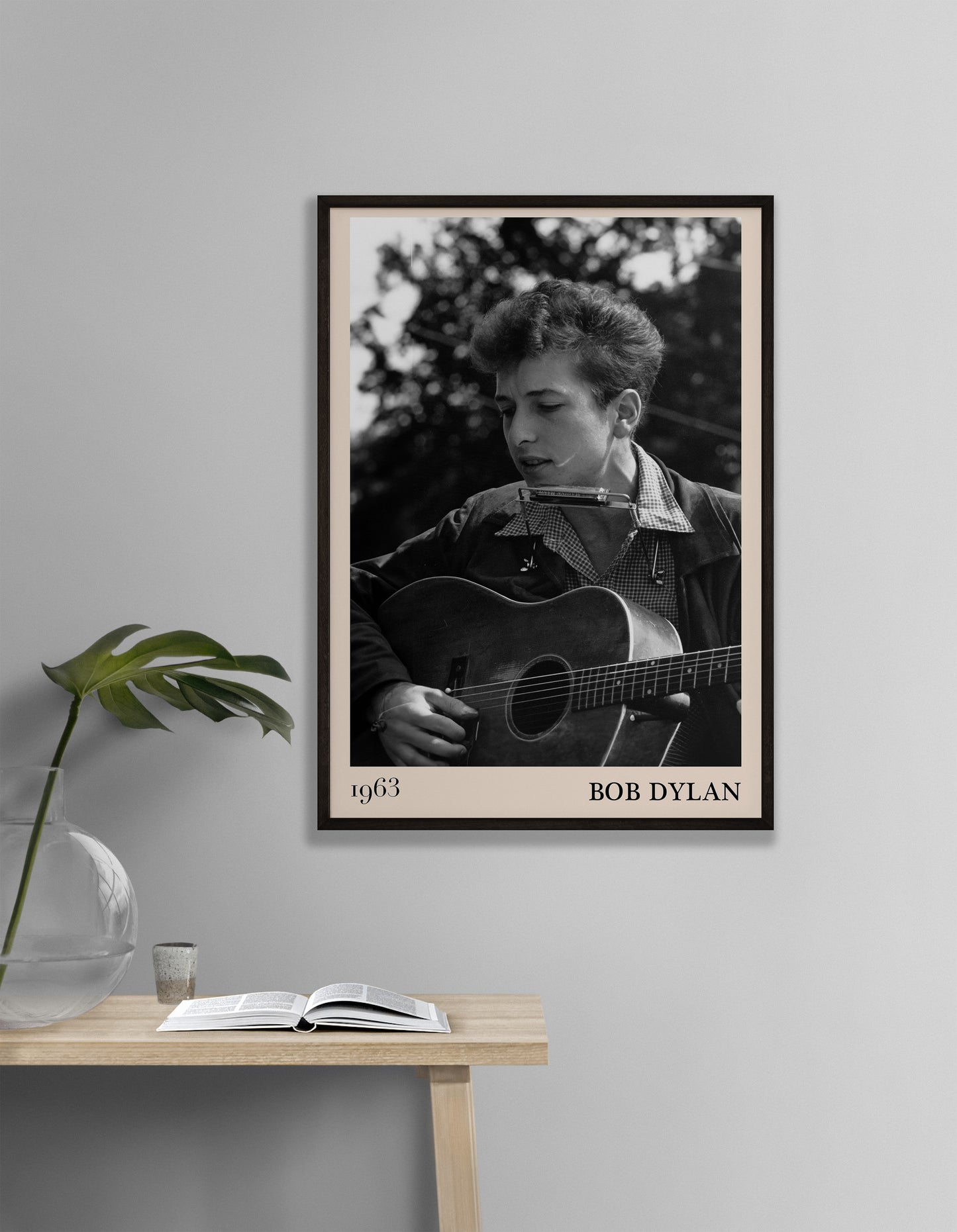 1963 photograph of Bob Dylan playing blues guitar.Crafted into cool framed blues poster.
