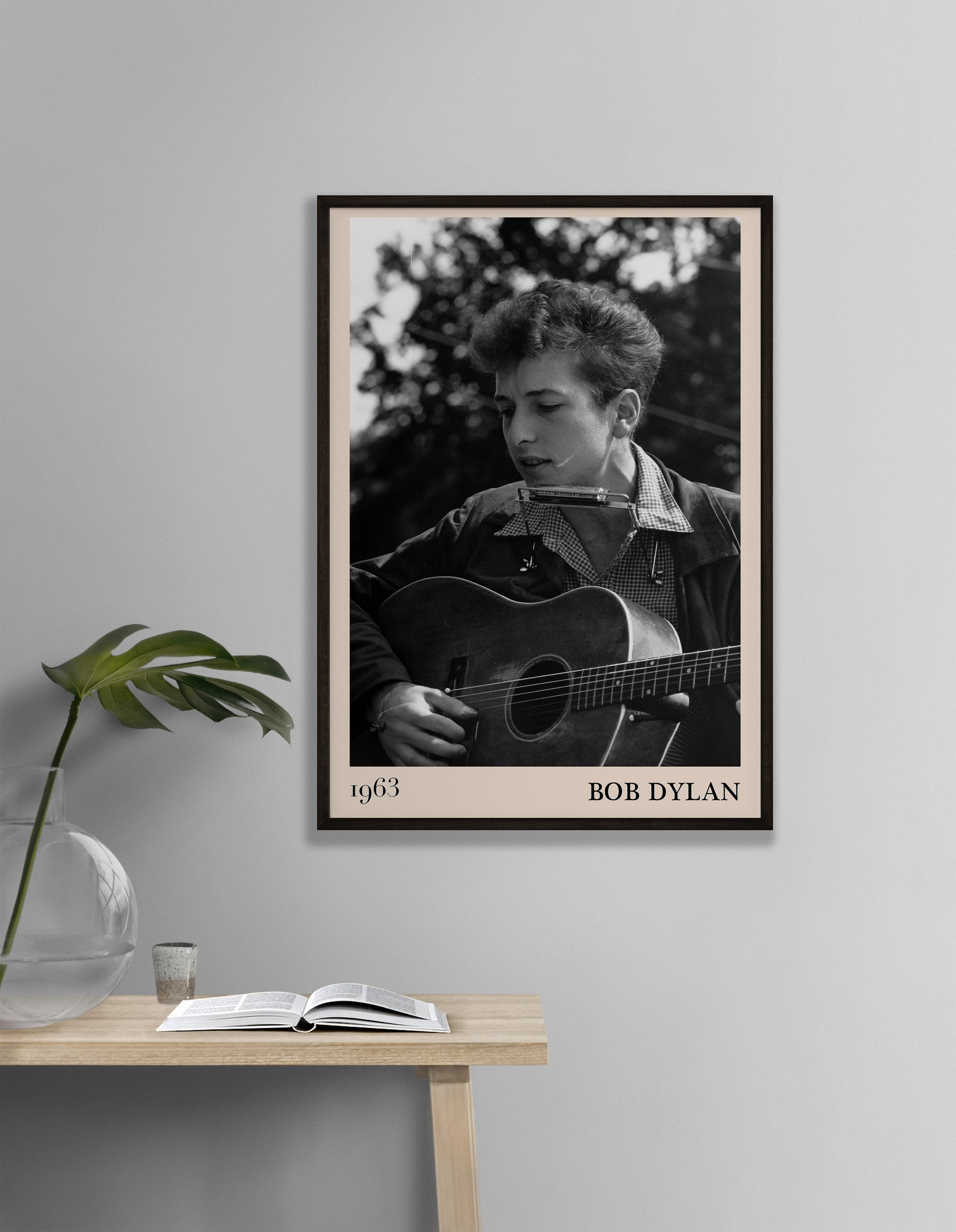 1963 photograph of Bob Dylan playing blues guitar.Crafted into cool framed blues poster.