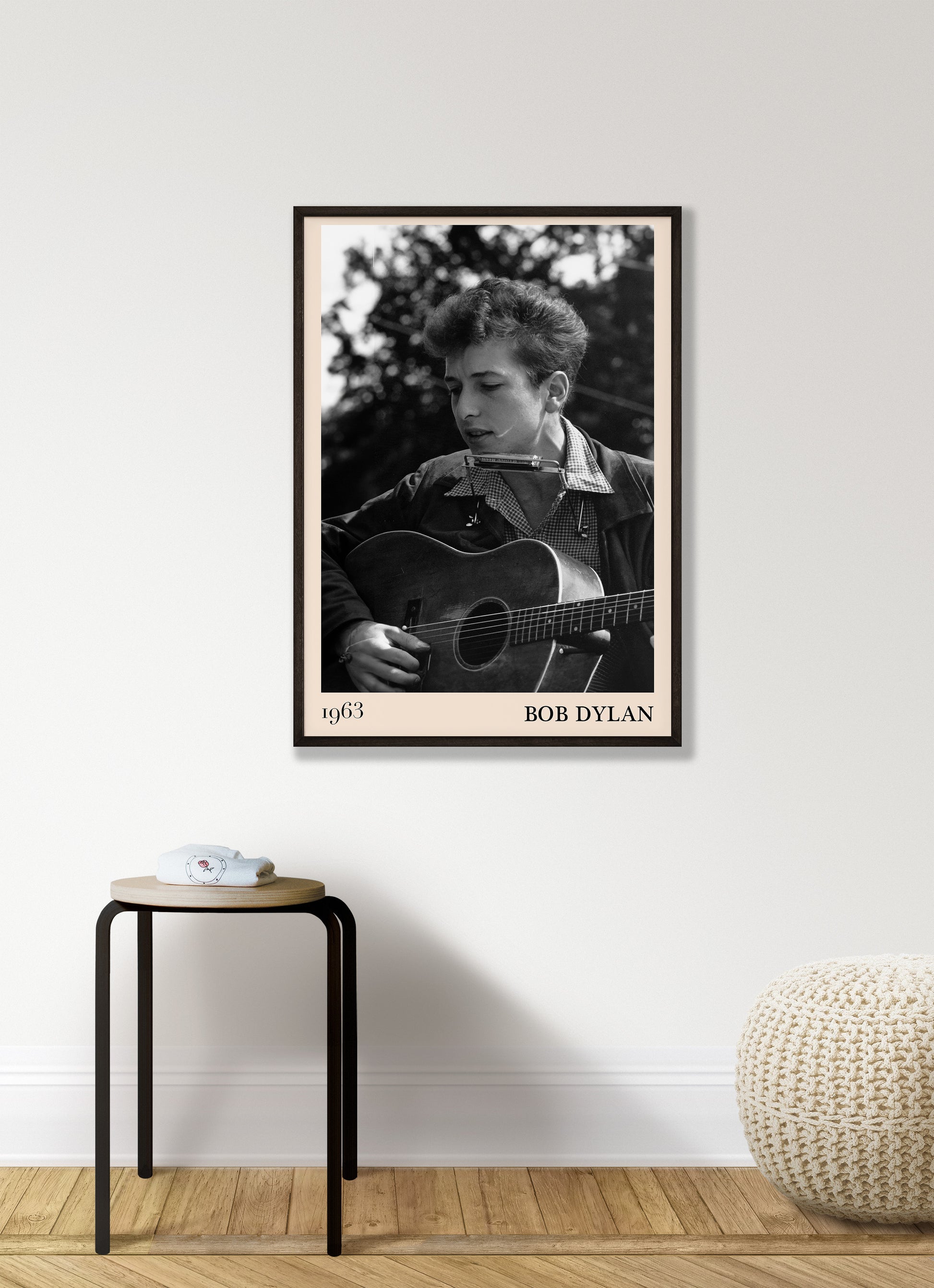1963 photograph of Bob Dylan playing blues guitar.Crafted into cool framed blues poster.
