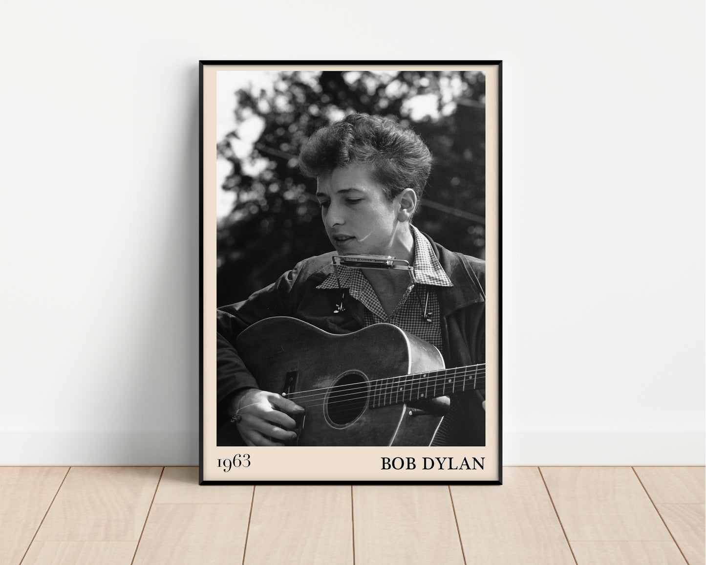 1963 photograph of Bob Dylan playing blues guitar.Crafted into cool framed blues poster.